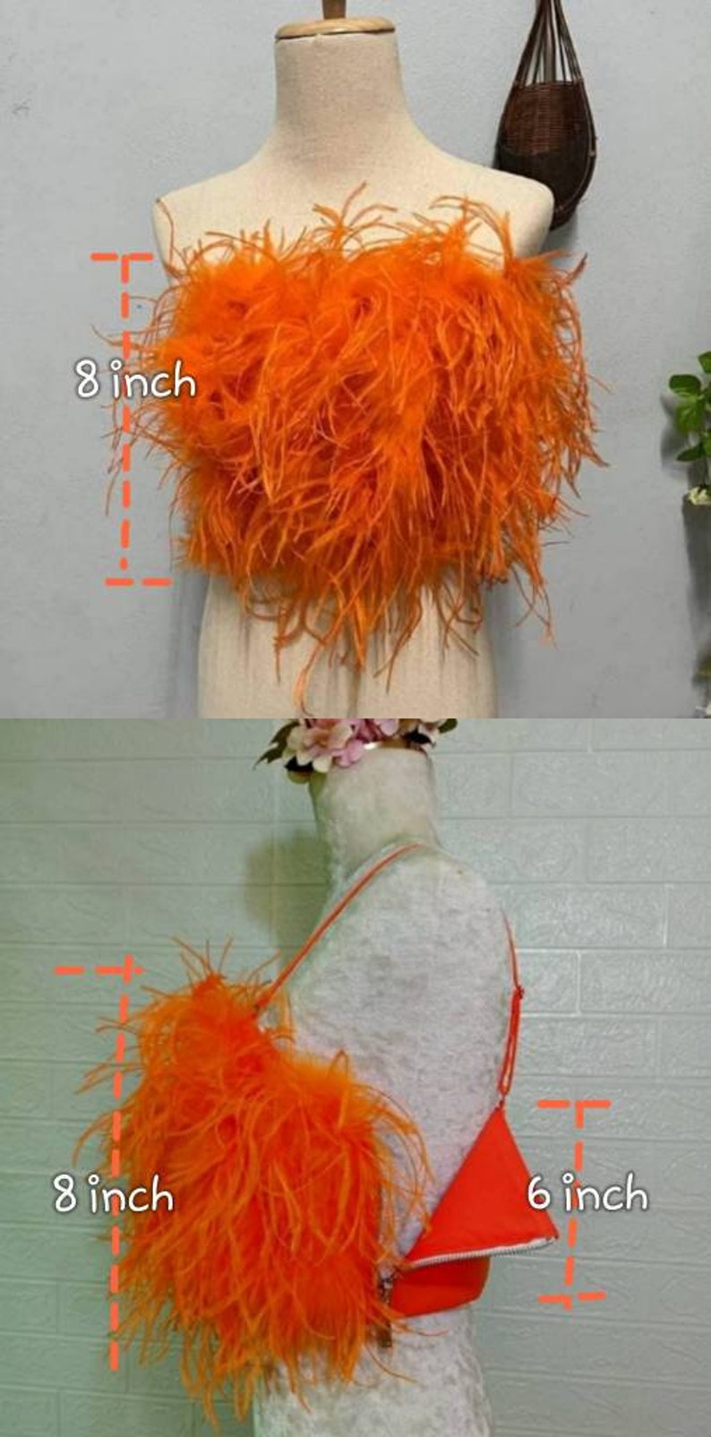 Orange Feather&Fur Mink Crop Top,Feathers are only on the front,Prom dress, Plus size clothing,cocktail dress,party dress,costume party