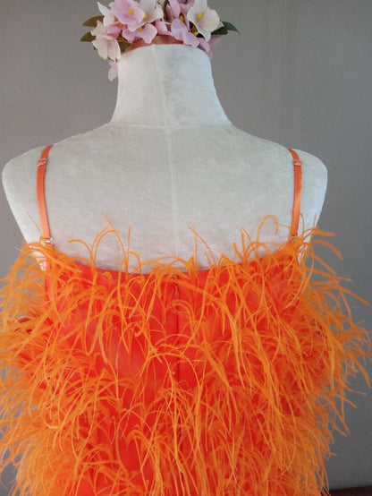 MARAYA Orange Ostrich Feather Dress , Feather Prom Dress, Feather Cocktail Dress feather wedding dress Orange feather dress , bridesmaid dress.