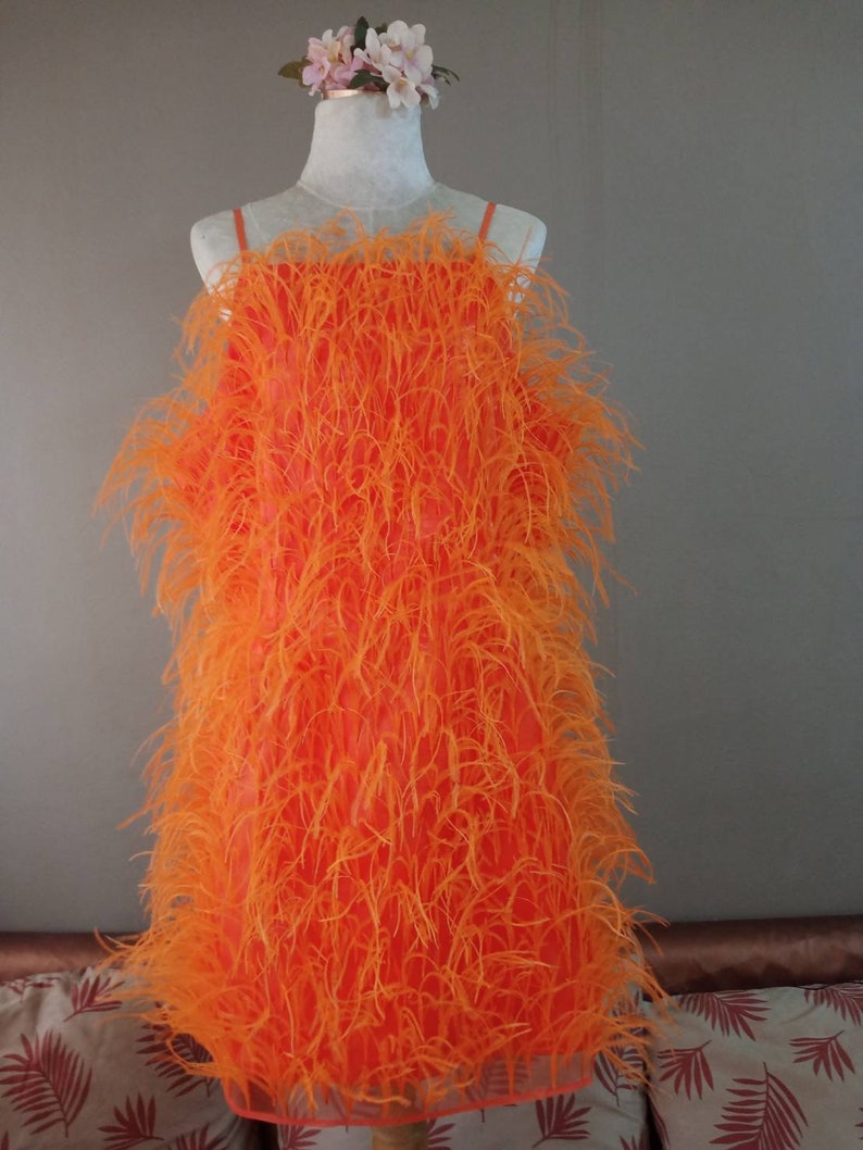 MARAYA Orange Ostrich Feather Dress , Feather Prom Dress, Feather Cocktail Dress feather wedding dress Orange feather dress , bridesmaid dress.