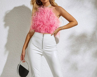 MARAYA Pink open-back feathered crop top