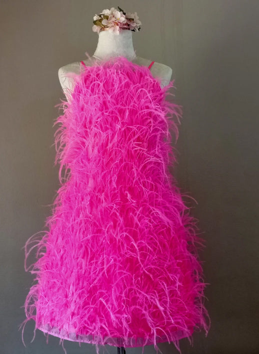 MARAYA Square neck mini dress ostrich feathers in Pink-Fuchsia