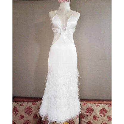White Spaghetti Strap dress decorated with feathers, mermaid style. white wedding dress, long white mermaid skirt, prom dress, Bridal size 10-14