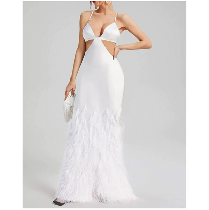 MARAYA White Spaghetti Strap dress decorated with feathers, mermaid style. white wedding dress, long white mermaid skirt, prom dress, Bridal Size US0 - US8