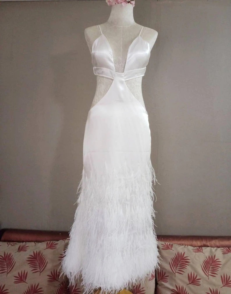 MARAYA White Spaghetti Strap dress decorated with feathers, mermaid style. white wedding dress, long white mermaid skirt, prom dress, Bridal Size US0 - US8