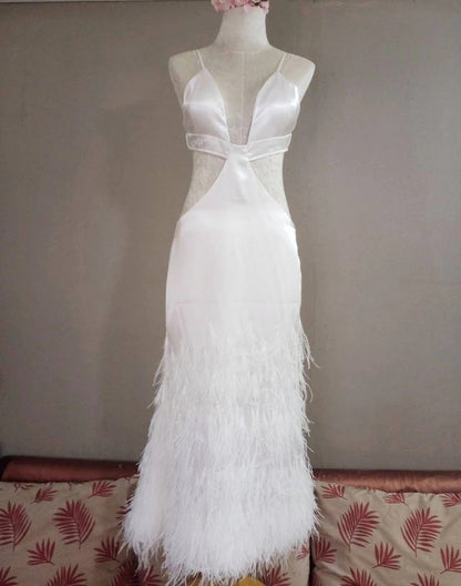 MARAYA White Spaghetti Strap dress decorated with feathers, mermaid style. white wedding dress, long white mermaid skirt, prom dress, Bridal Size US0 - US8