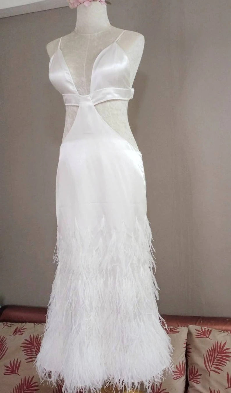 MARAYA White Spaghetti Strap dress decorated with feathers, mermaid style. white wedding dress, long white mermaid skirt, prom dress, Bridal Size US0 - US8