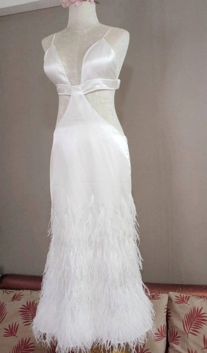White Spaghetti Strap dress decorated with feathers, mermaid style. white wedding dress, long white mermaid skirt, prom dress, Bridal size 10-14
