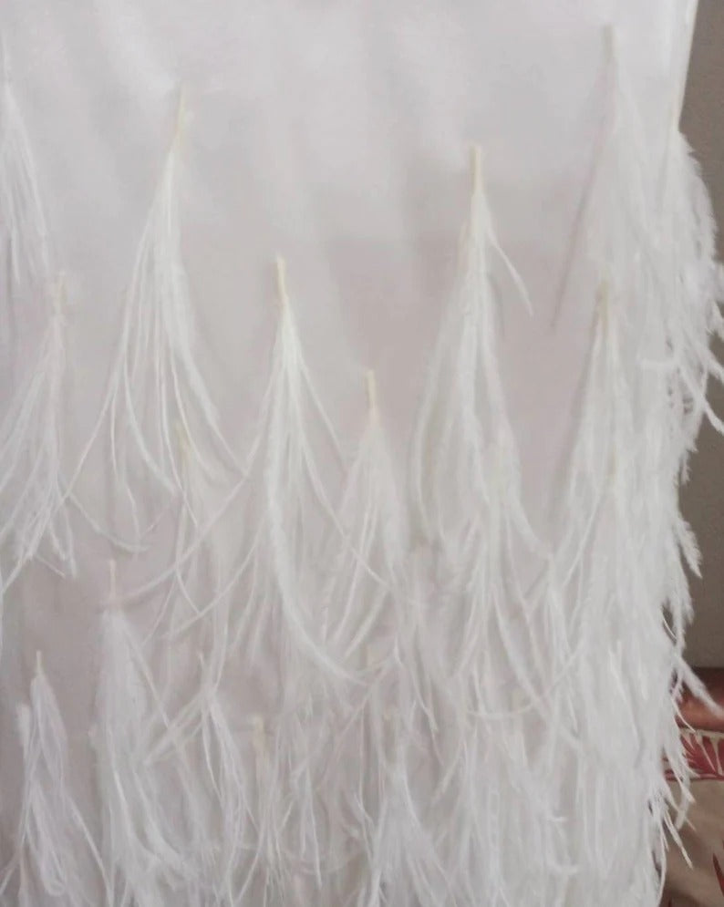 MARAYA White Spaghetti Strap dress decorated with feathers, mermaid style. white wedding dress, long white mermaid skirt, prom dress, Bridal Size US0 - US8