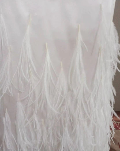 White Spaghetti Strap dress decorated with feathers, mermaid style. white wedding dress, long white mermaid skirt, prom dress, Bridal size 10-14