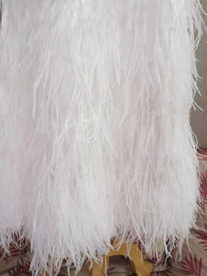 White Spaghetti Strap dress decorated with feathers, mermaid style. white wedding dress, long white mermaid skirt, prom dress, Bridal size 10-14