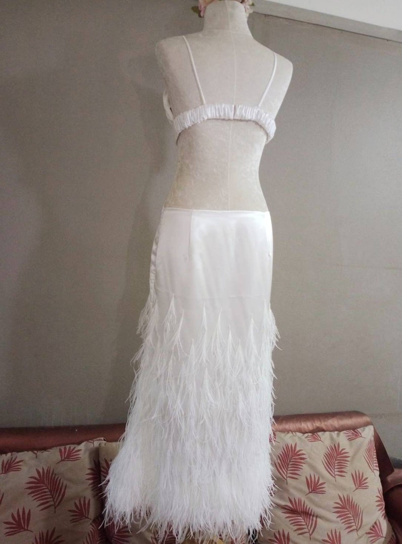 MARAYA White Spaghetti Strap dress decorated with feathers, mermaid style. white wedding dress, long white mermaid skirt, prom dress, Bridal Size US0 - US8