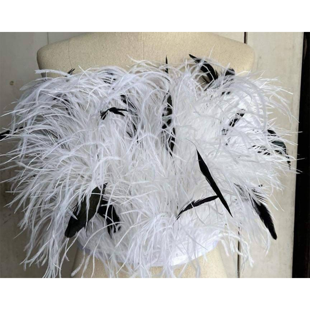 White ostrich feather crop top,feather mix Swan Plumes, prom dress, White tube tank,plus size clothing made to order,Cocktail dress