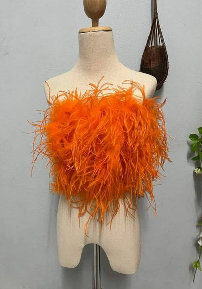 Orange Feather&Fur Mink Crop Top,Feathers are only on the front,Prom dress, Plus size clothing,cocktail dress,party dress,costume party