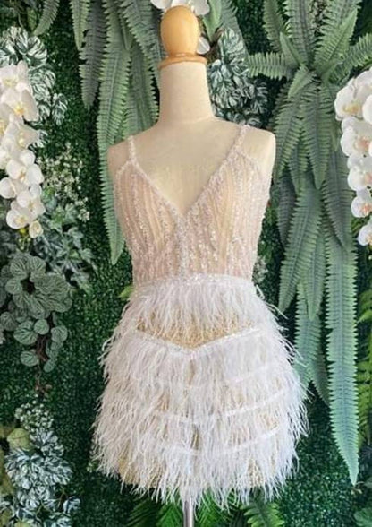 MARAYA white rhinestone feathered dress,Feather Cocktail Dress,Feather wedding dress,Feather prom dress, Feather dress,Custom dress,Summer dress.