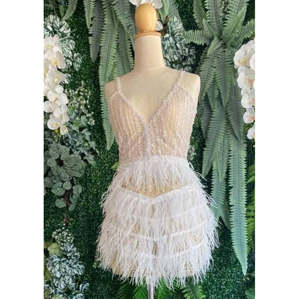 MARAYA white rhinestone feathered dress,Feather Cocktail Dress,Feather wedding dress,Feather prom dress, Feather dress,Custom dress,Summer dress.