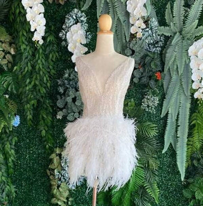 MARAYA white rhinestone feathered dress,Feather Cocktail Dress,Feather wedding dress,Feather prom dress, Feather dress,Custom dress, (FDR211)