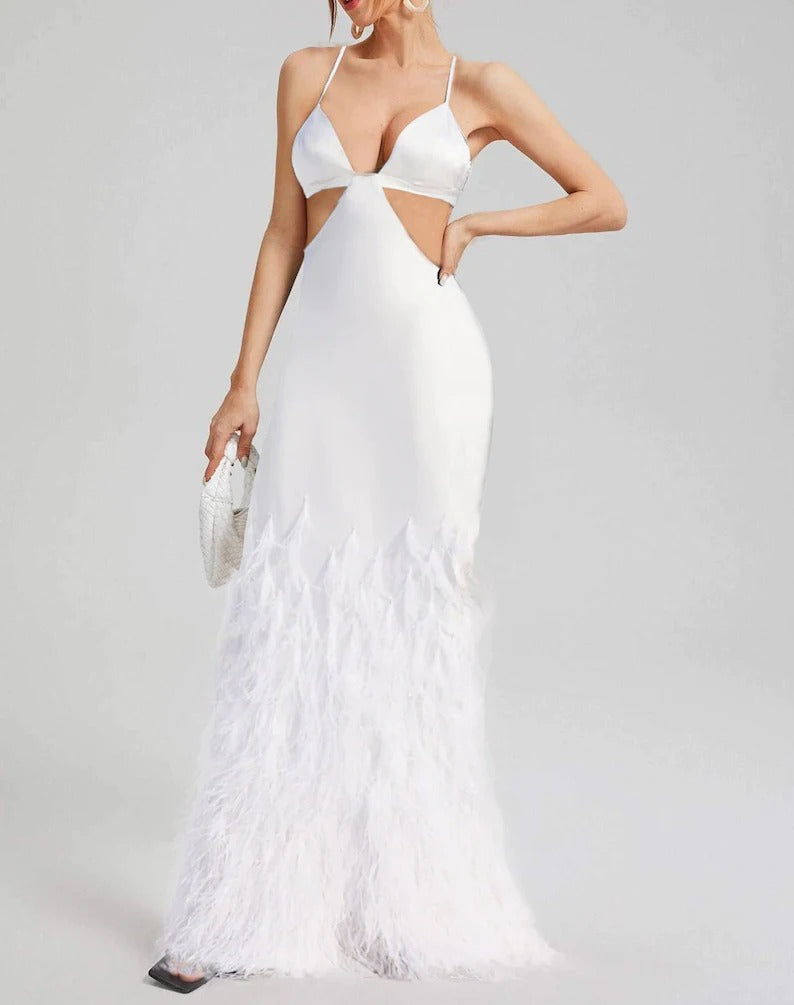 White Spaghetti Strap dress decorated with feathers, mermaid style. white wedding dress, long white mermaid skirt, prom dress, Bridal size 10-14