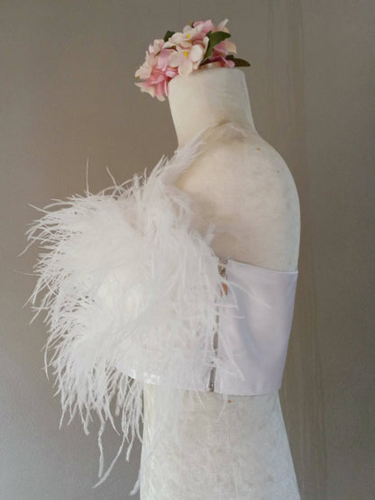 MARAYA White Feather Crop Top, Feathers are only on the front, Prom dress, Plus size clothing,, cocktail dress, costume party (WFT34112)