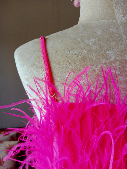 MARAYA Square neck mini dress ostrich feathers in Pink-Fuchsia