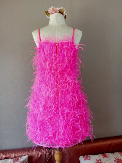 MARAYA Square neck mini dress ostrich feathers in Pink-Fuchsia