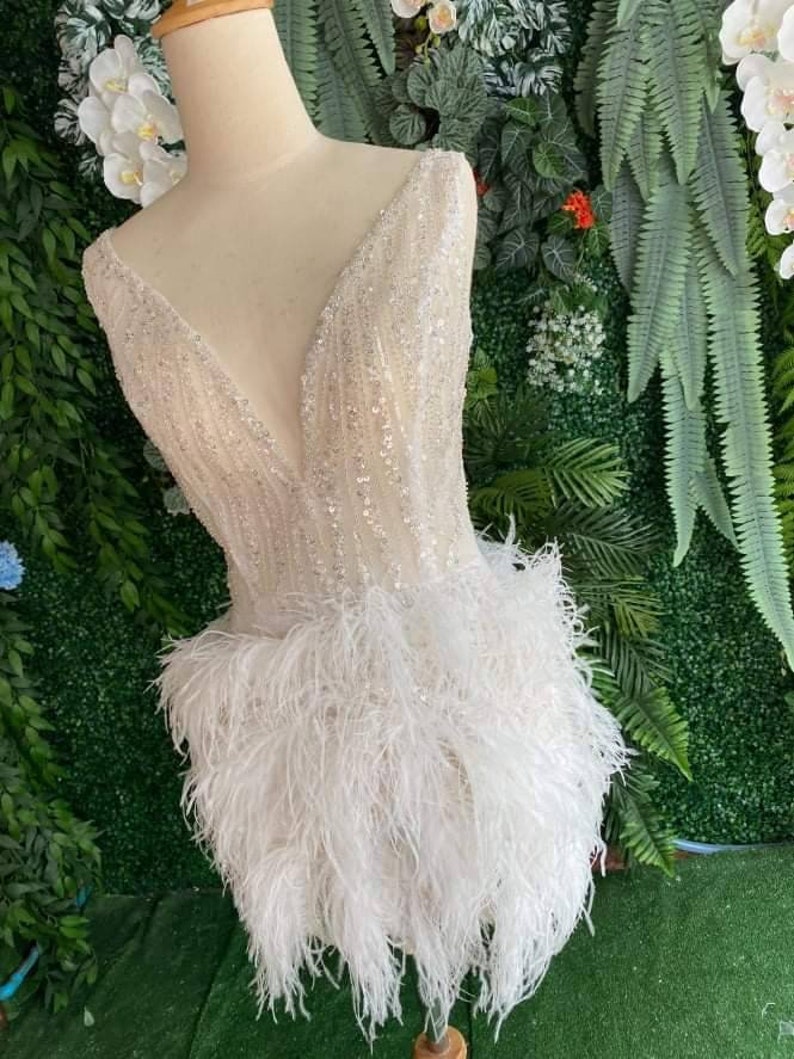 MARAYA white rhinestone feathered dress,Feather Cocktail Dress,Feather wedding dress,Feather prom dress, Feather dress,Custom dress, (FDR211)