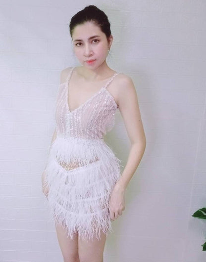 MARAYA white rhinestone feathered dress,Feather Cocktail Dress,Feather wedding dress,Feather prom dress, Feather dress,Custom dress,Summer dress.