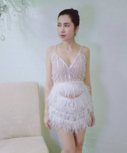 MARAYA white rhinestone feathered dress,Feather Cocktail Dress,Feather wedding dress,Feather prom dress, Feather dress,Custom dress,Summer dress.