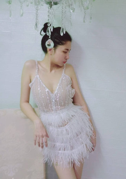 MARAYA white rhinestone feathered dress,Feather Cocktail Dress,Feather wedding dress,Feather prom dress, Feather dress,Custom dress,Summer dress.