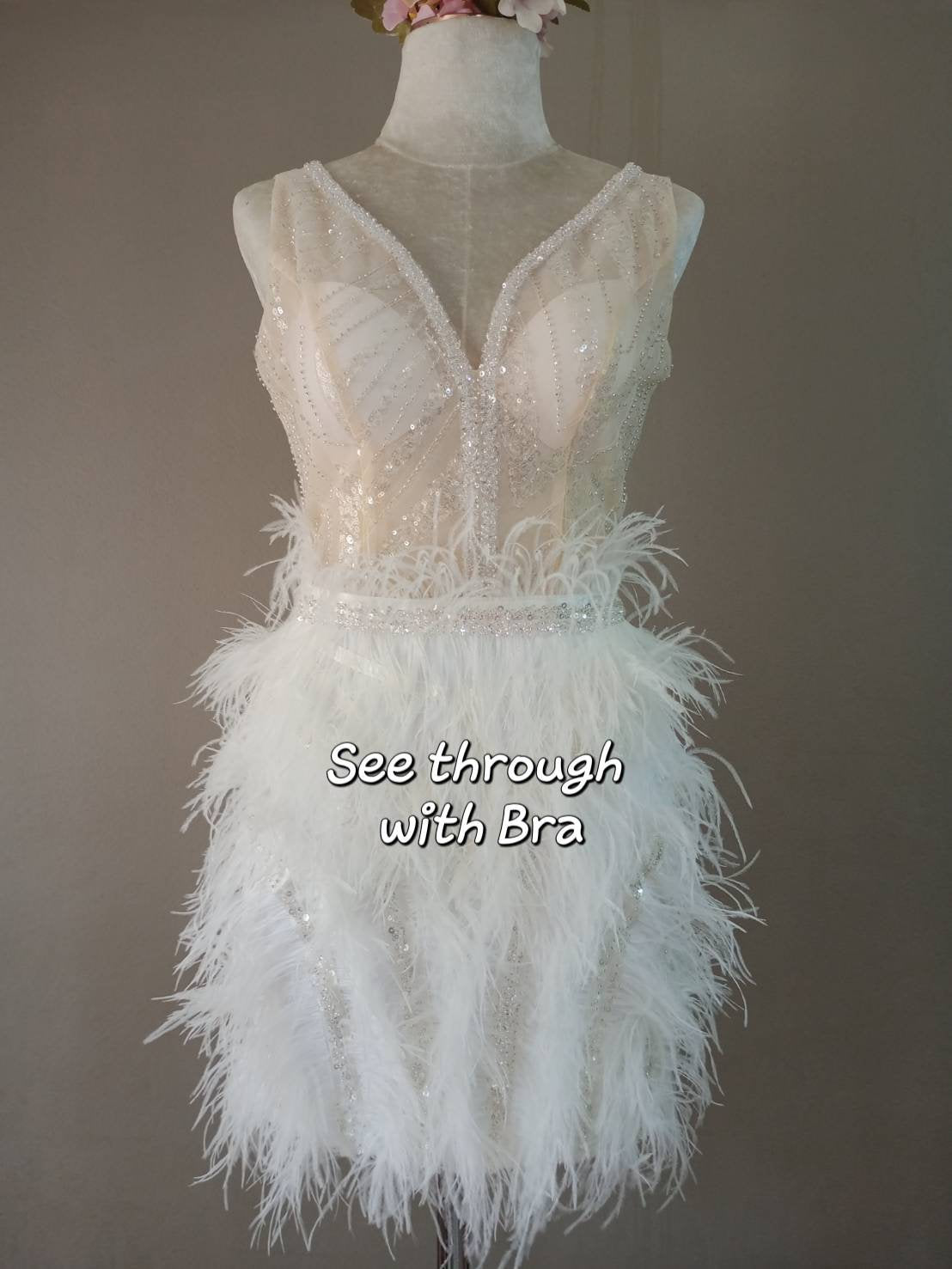 MARAYA white rhinestone feathered dress,Feather Cocktail Dress,Feather wedding dress,Feather prom dress, Feather dress,Custom dress, (FDR211)